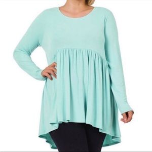 ZENANA 
Long Sleeve Shirring Hi Low Empire Waist Top